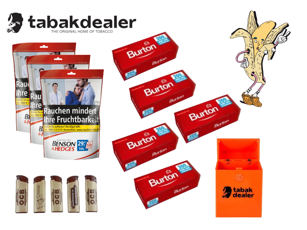 3x Benson & Hedges Tabak + 1000 Hülsen + 5 OCB Feuerzeuge und Tabakdealer Etui