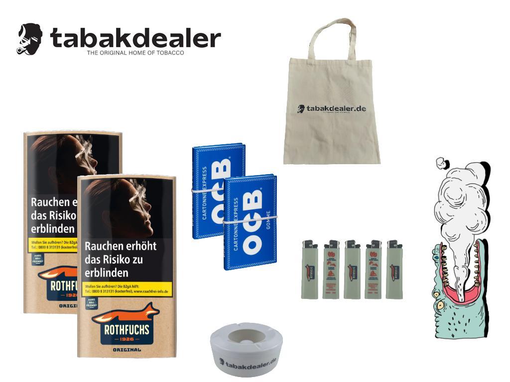 2 x 30g Rothfuchs Original Tabak + 5x Rothfuchs Feuerzeuge + 2 x OCB Papier + 1 x Tabakdealer Windaschenbecher + 1 x Tabakdealer Tasche 