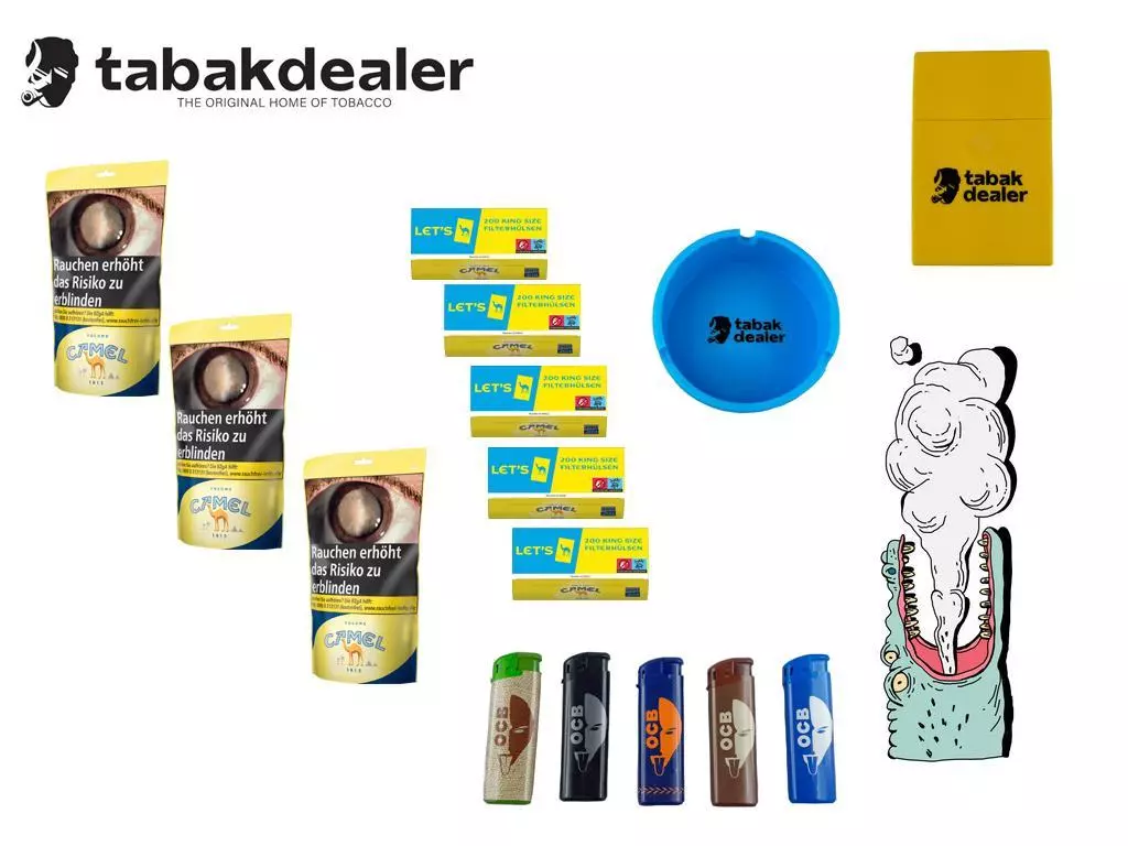 Camel Zip Bag XL Tabak + 1000 Hülsen + 5 OCB Feuerzeuge + Tabakdealer Aschenbecher und Etui 