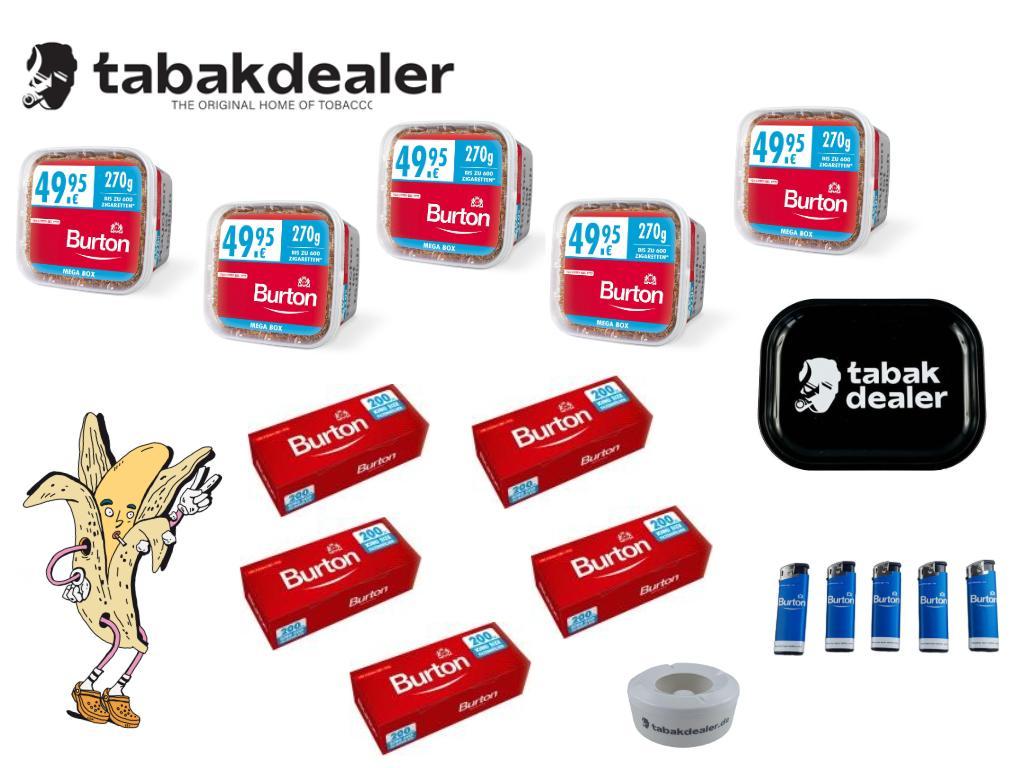 5 x Burton Volumen Tabak Red XXXL + 1000 Burton Red Hülsen + 5 Burton Feuerzeuge blau + 1 Tabakdealer Tray + 1 Tabakdealer Windascher 