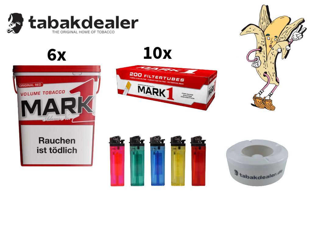 6 x Mark 1 Tabak 320g + 2000 Hülsen + 5 x Cool Reibrad Feuerzeuge + 1 x Tabakdealer Windaschenbecher 