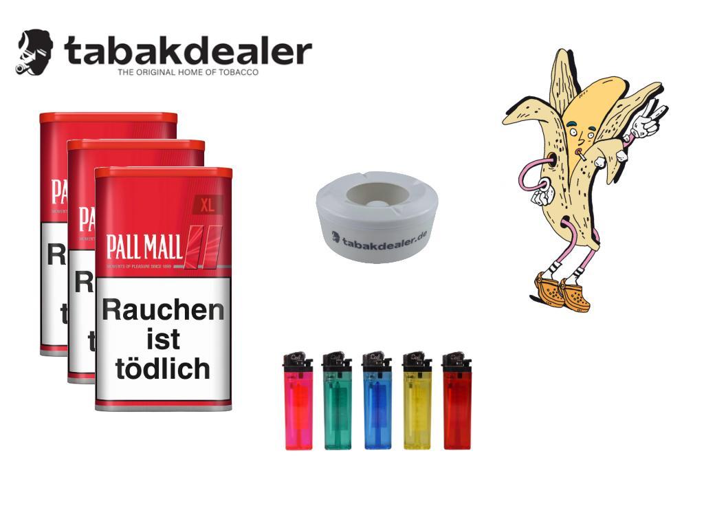 3x Pall Mall Red XL Tabak + 5 Cool Reibradfeuerzeuge + 1 Tabakdealer Windascher 1 x 43g