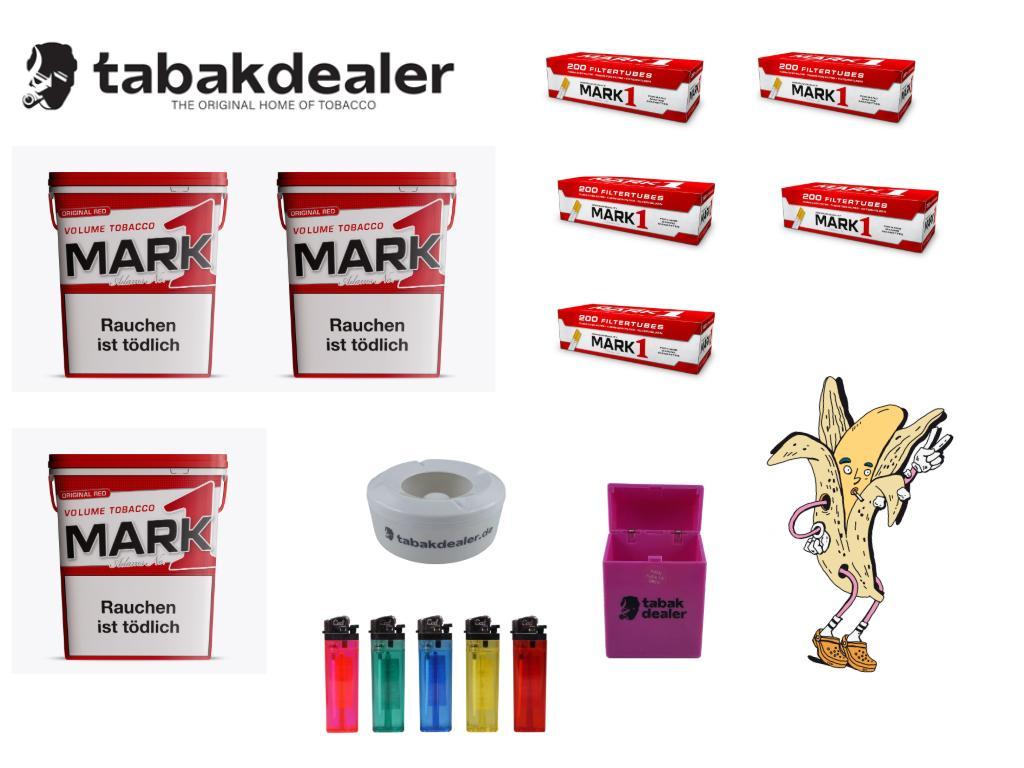 3 x Mark 1 Tabak 400g + 1000 Hülsen + 5 x Cool Reibrad Feuerzeuge + 1 x Tabakdealer Windaschenbecher + 1 x Tabakdealer Etui 