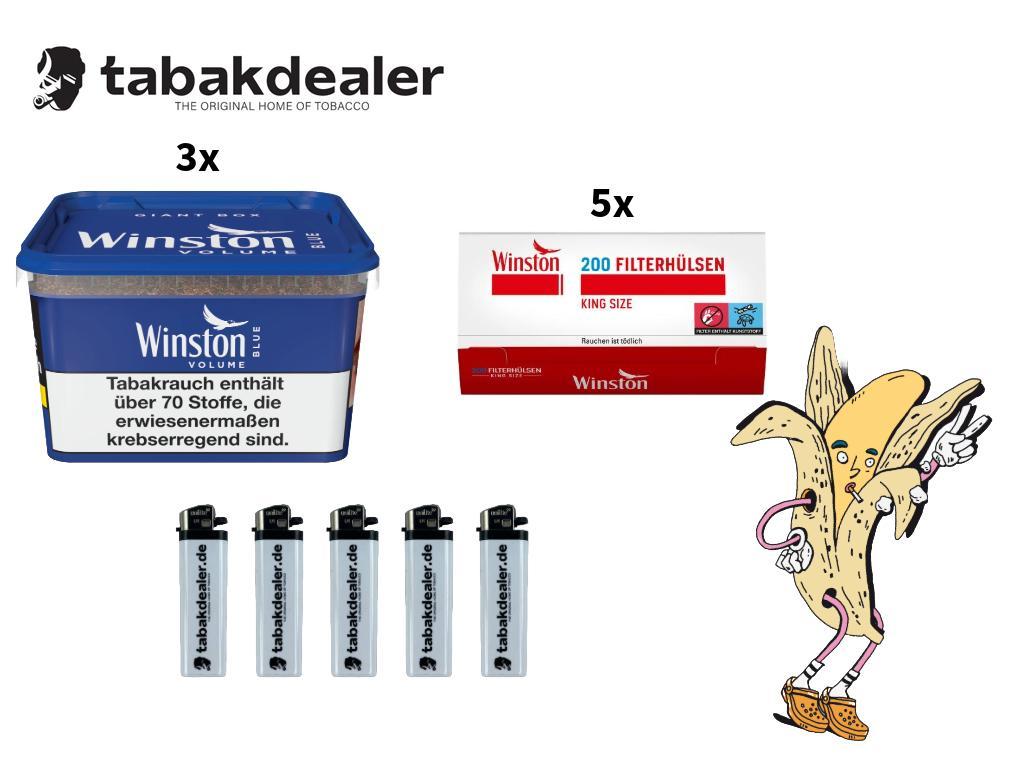 3 x Winston Blue Volumentabak 195g, 1000 Winston Hülsen, 5 Tabakdealer Feuerzeuge 