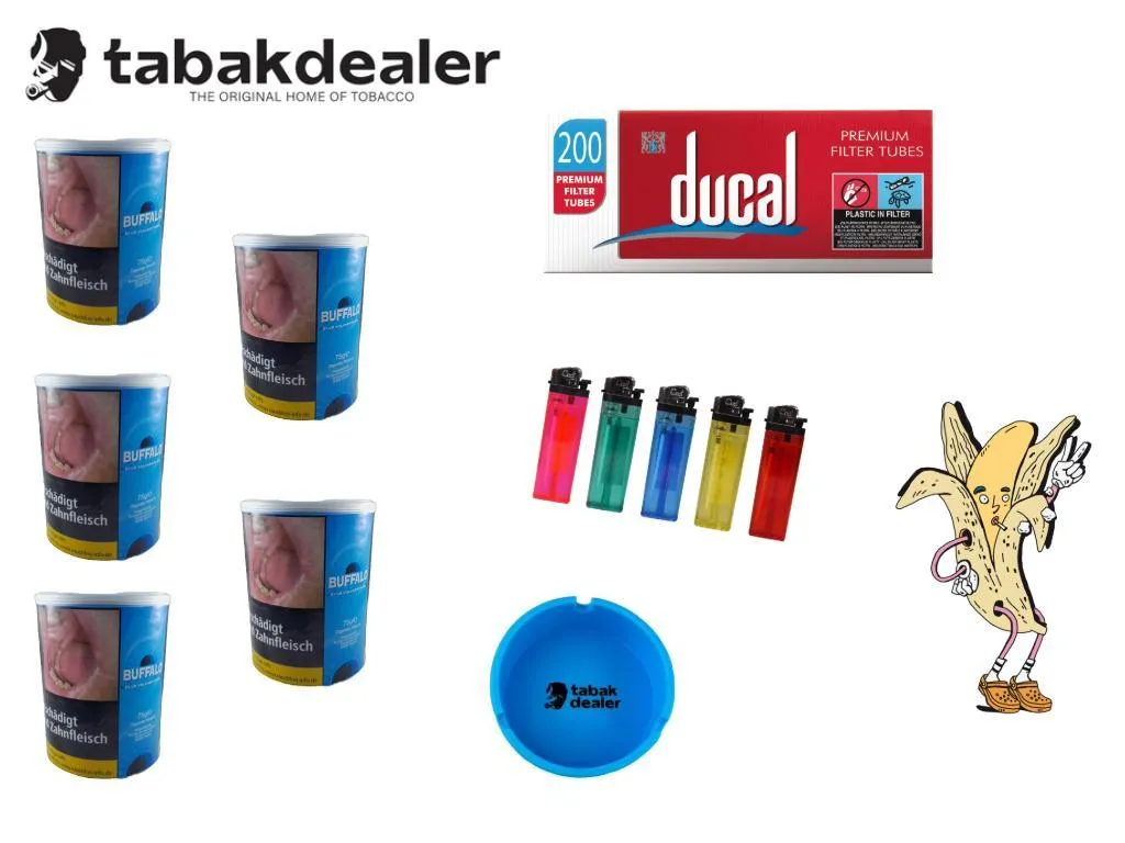 5 x Buffalo Blue Volumen 75g + 5 x 200 Ducal Hülsen + 5 x Cool Reibrand Feuerzeuge + 1 x TD Aschenbecher