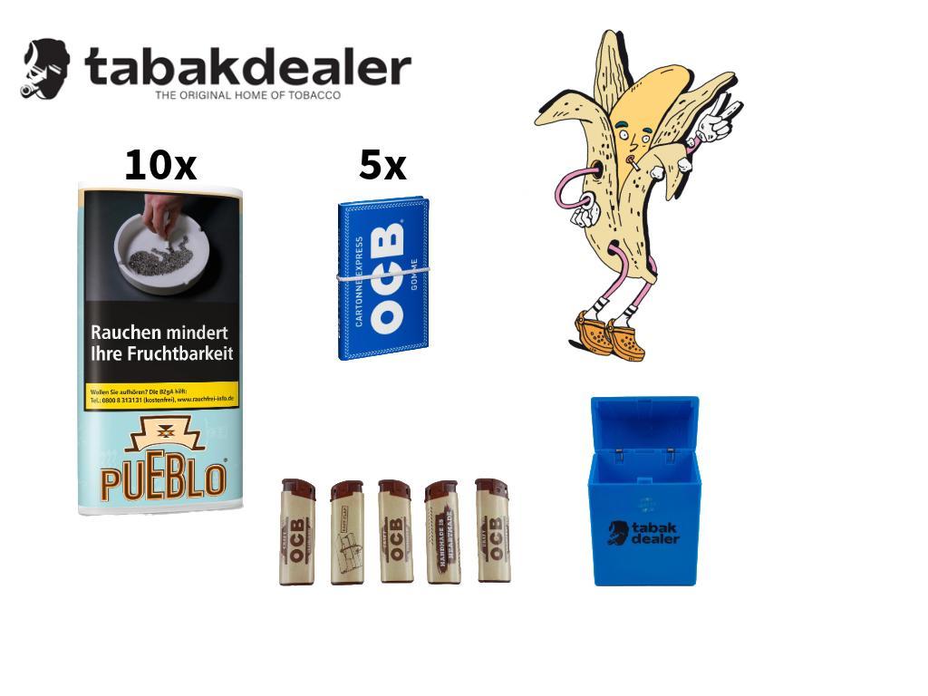 10 x 30g Pueblo Blue + 5 x 100 Blatt OCB Blau Gummi + 5 OCB FZG + Etui 