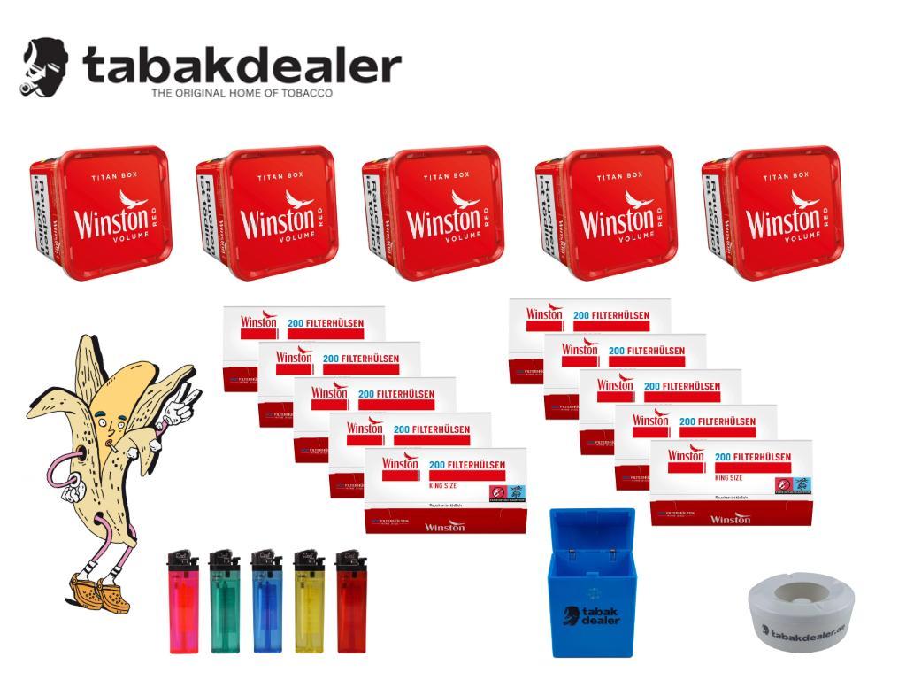 5 x Winston Red Titan Box + 2000 Hülsen + 5 Reibrad Feuerzeuge + 1 Tabakdealer Etui + 1 Tabakdealer Windascher 