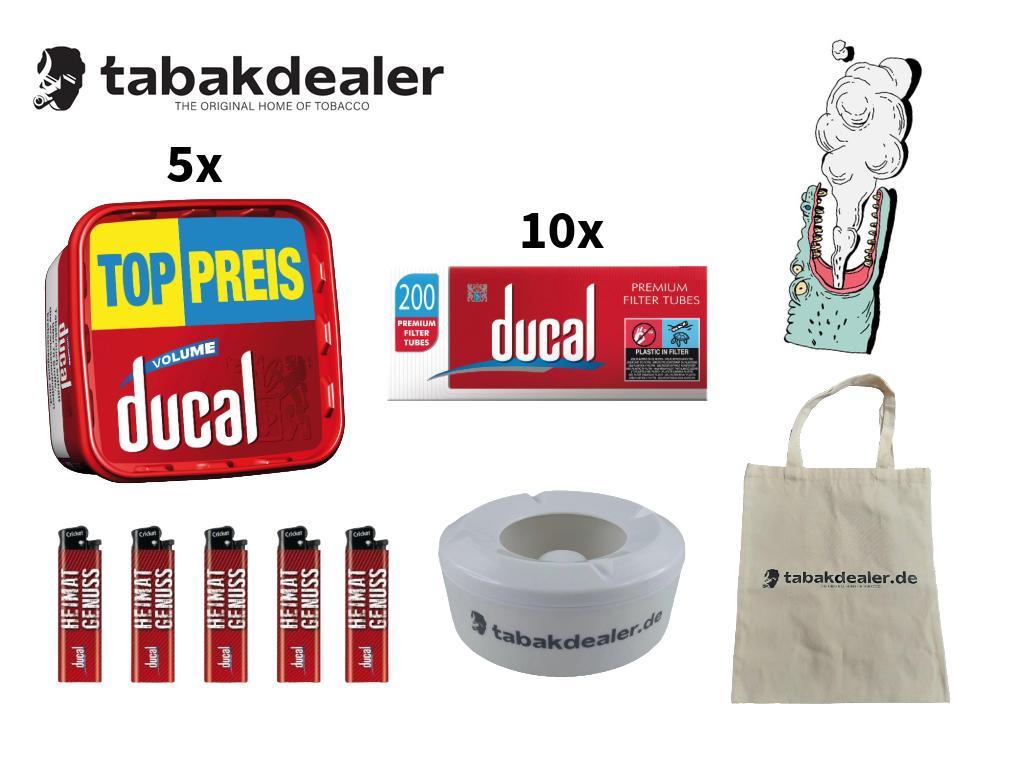 5x Ducal Red 170g + 2000 Hülsen + 5 Ducal Feuerzeuge+ Tabakdealer Tasche + Tabakdealer Windascher 