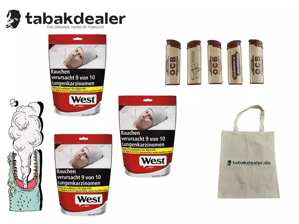 West Red Zip Bag Tabak + 5 OCB Feuerzeuge & Tabakdealer Tragetasche