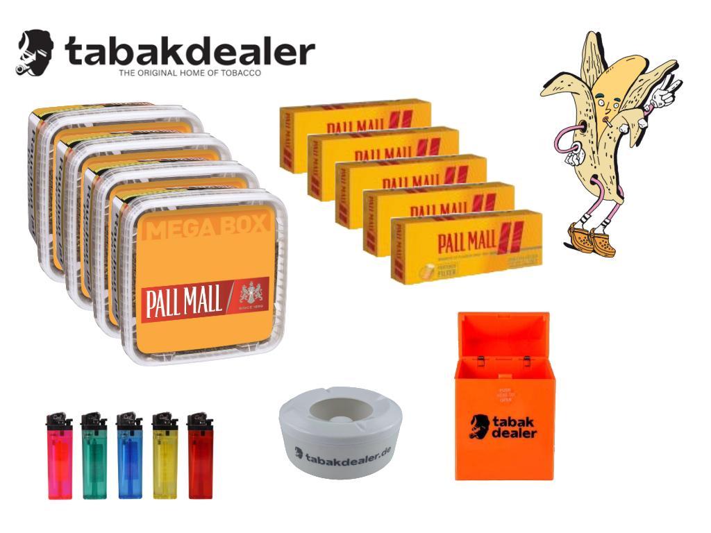 4 Pall Mall Allround Red Mega + 1000 Hülsen + 5 Cool Feuerzeuge + 1 Tabakdealer Etui + 1 Tabakdealer Windascher 1 x 135g