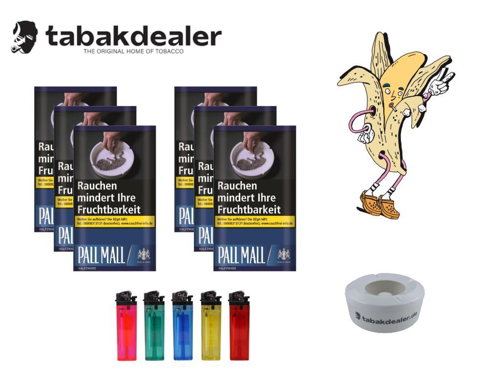 6x Pall Mall Roll Halfzware Tabak + 5 Cool Reibradfeuerzeuge + 1 Tabakdealer Windascher