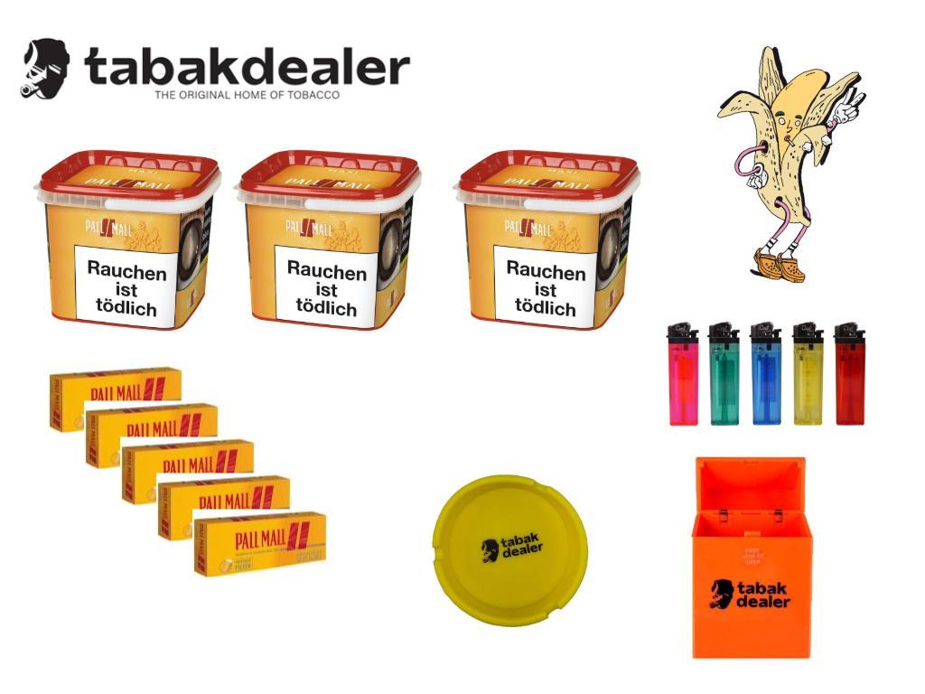 3 x Pall Mall Red Box + 1000 Pall Mall Red Hülsen + 5  Reibrad Feuerzeuge + 1 Tabakdealer Aschenbecher + 1 Tabakdealer Etui 