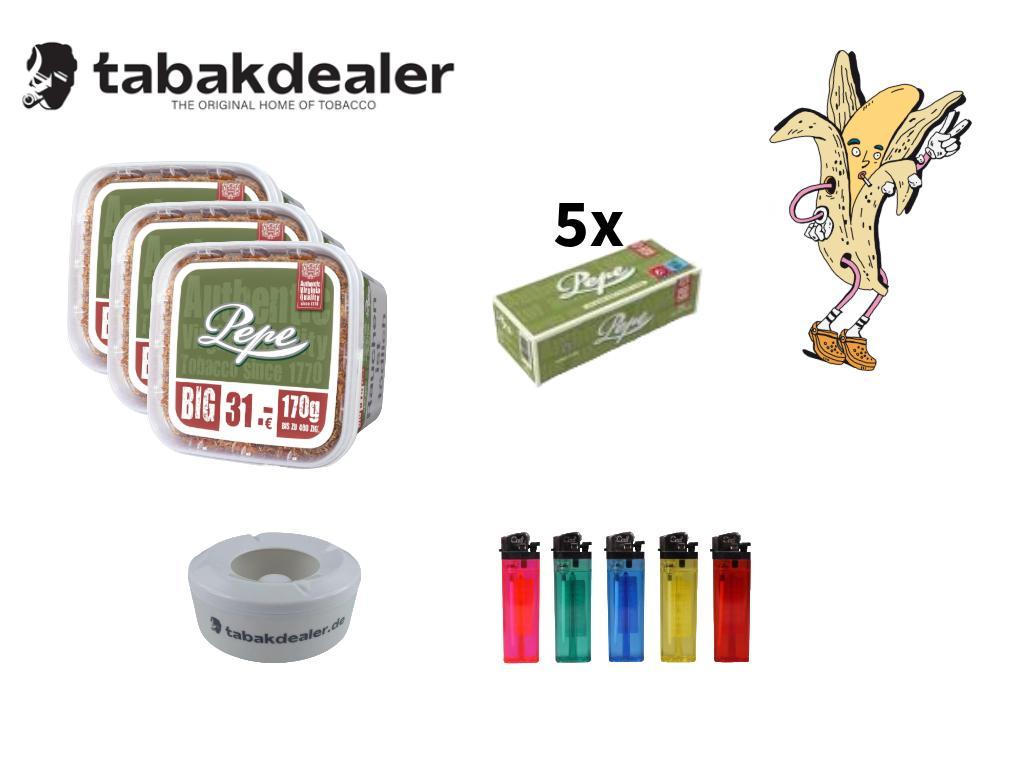 3 x Pepe Rich Green Volumen 3XL + 1000 Hülsen + 5 Cool Feuerzeuge + 1 Windascher 