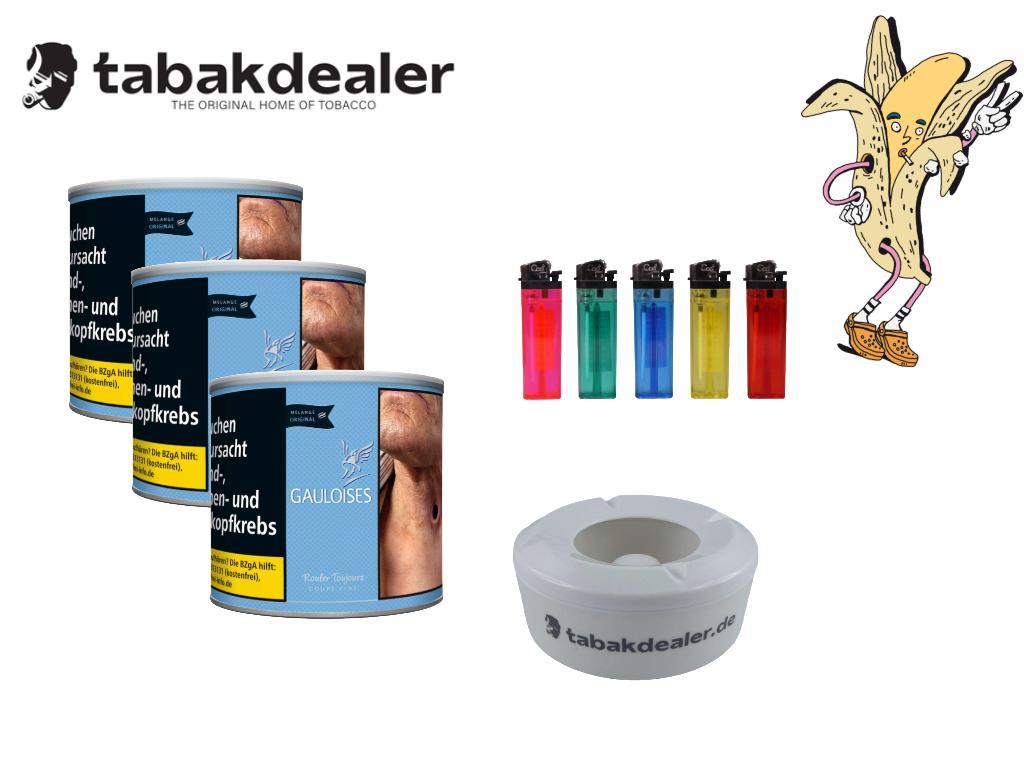 3x Gauloises Melange Original Tabak + 5 Cool Reibradfeuezeuge + 1 Tabakdealer Windascher 