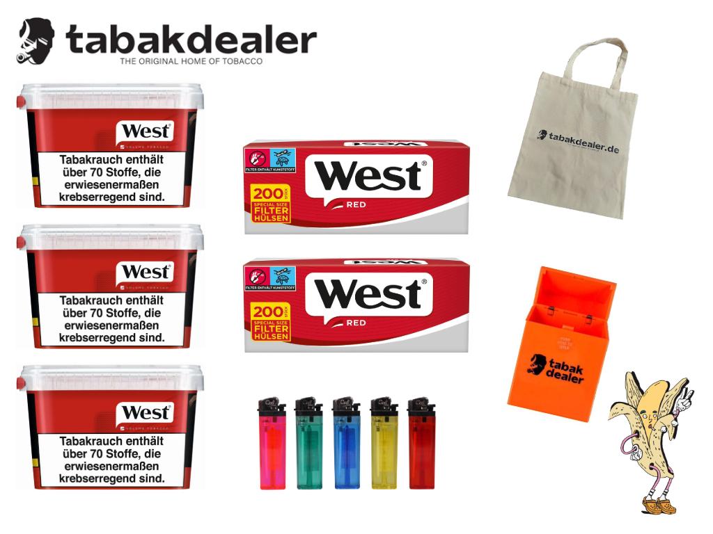 3 x West Red Vol.Box 115g, 400 Hülsen, Reibrad FZ, TD Etui, TD Tasche
