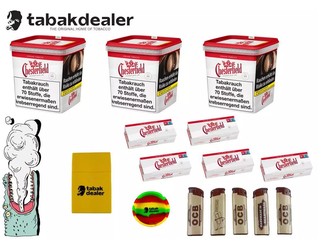 Chesterfield Giga Tabak + 1000 Hülsen + 5 OCB Feuerzeuge + Tabakdealer Etui & Aschenbecher