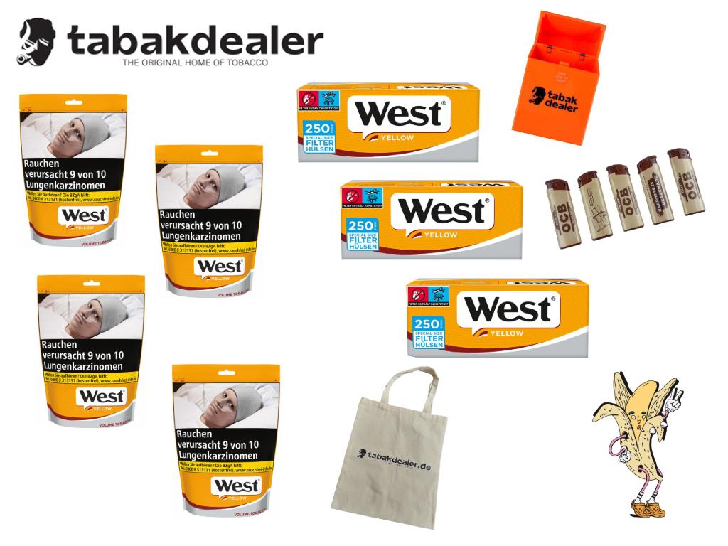 4 x West Yellow Vol.Zip Bag 90g, 750 Hülsen, OCB FZ, TD Etui, TD Tasche