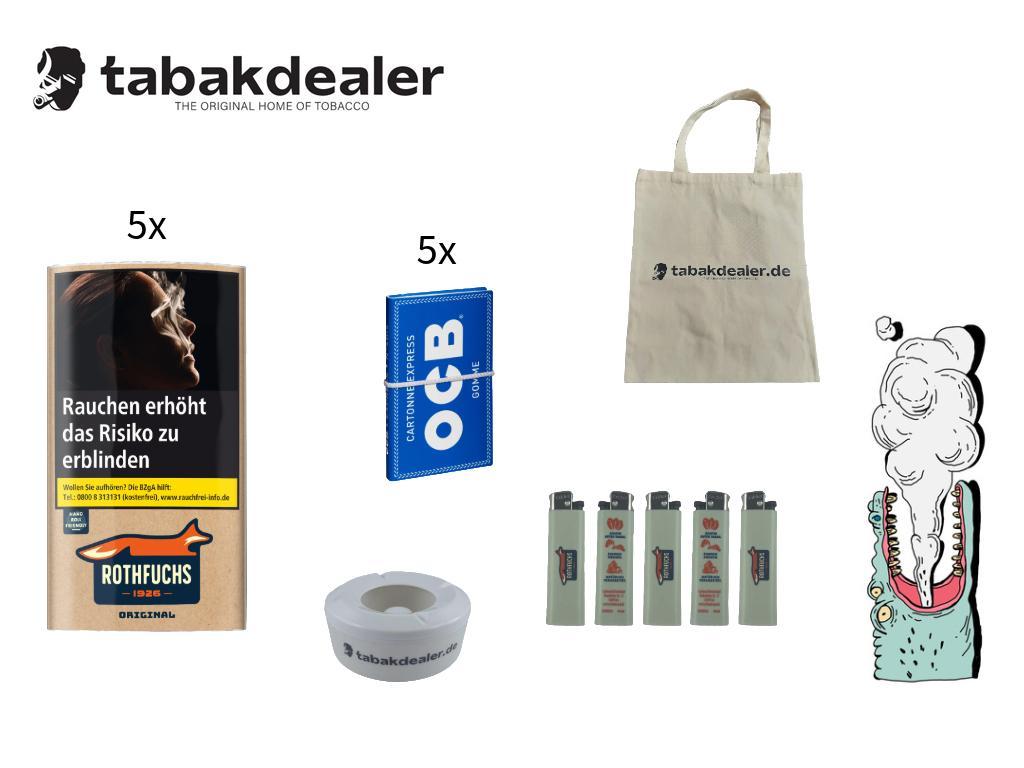 5 x 30g Rothfuchs Original Tabak + 5 x OCB Papier + 5 Rothfuchs Feuerzeuge + 1 x Tabakdealer Windaschenbecher + 1 x Tabakdealer Tasche 