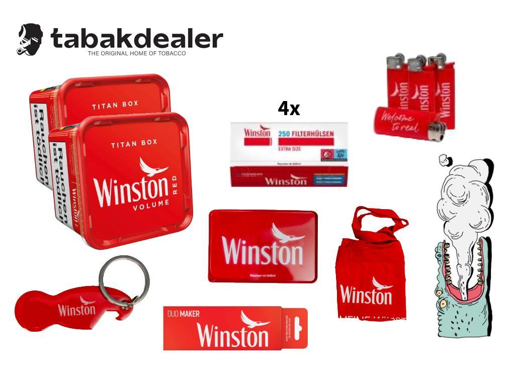 2x Winston Titan Box Red 300g + 1000 Hülsen + 4x Feuerzeuge + 1x Stofftasche + 1x Stopfer + 1x Schlusselanhänger + 1x Stopftray 