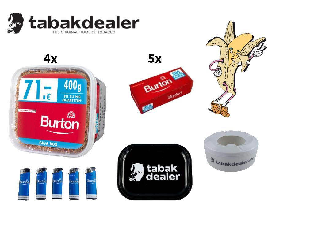 4 x Burton Volumen Tabak Red 4XL + 1000 Burton Red Hülsen + 5 Burton Feuerzeuge blau + 1 Tabakdealer Tray + 1 Tabakdealer Windascher 