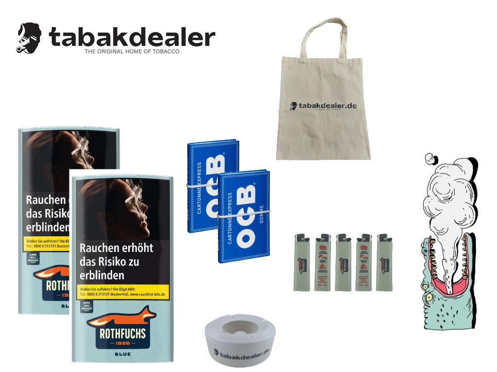 2 x 30g Rothfuchs Blue Tabak + 5x Rothfuchs Feuerzeuge + 2 x OCB Papier + 1 x Tabakdealer Windaschenbecher + 1 x Tabakdealer Tasche 