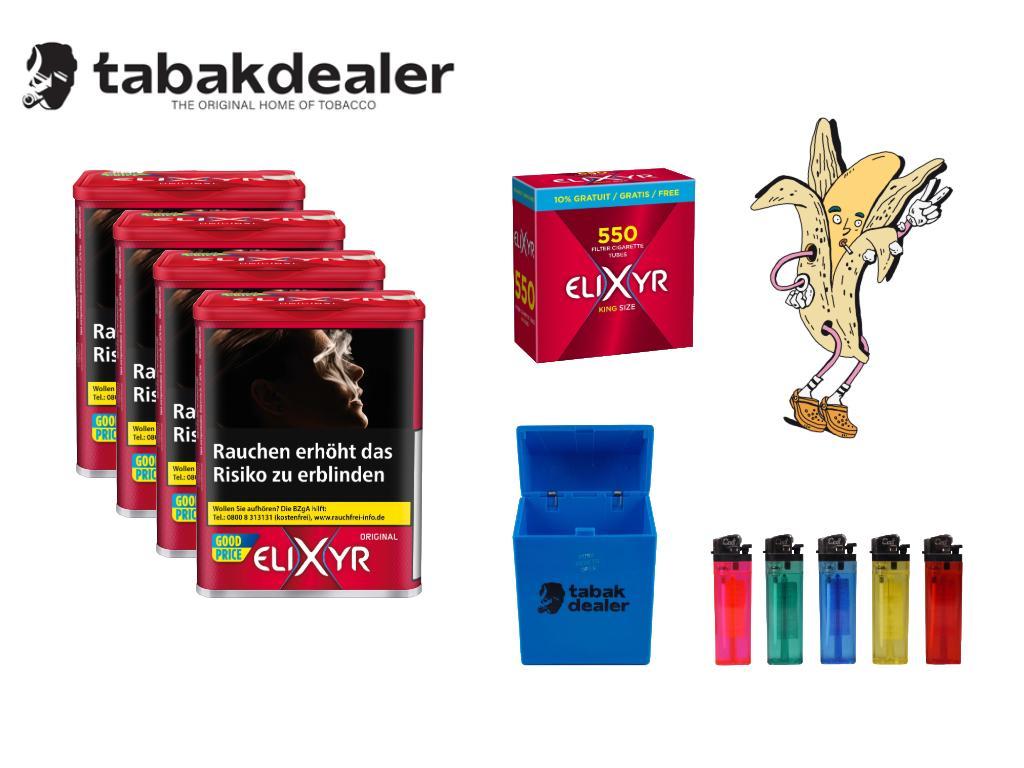 4 x Elixyr Red Tobacco + 550 Hülsen + 1 Tabakdealer Etui + 1 Cool Feuerzeug 