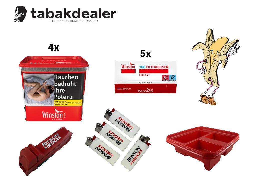 4x Winston Red Tabak Box + 1000 Winston Hülsen + 1 Benson & Hedges Duo Maker + 4 BIC Mini Feuerzeuge + 1 Winston Aufbewahrungsdeckel 