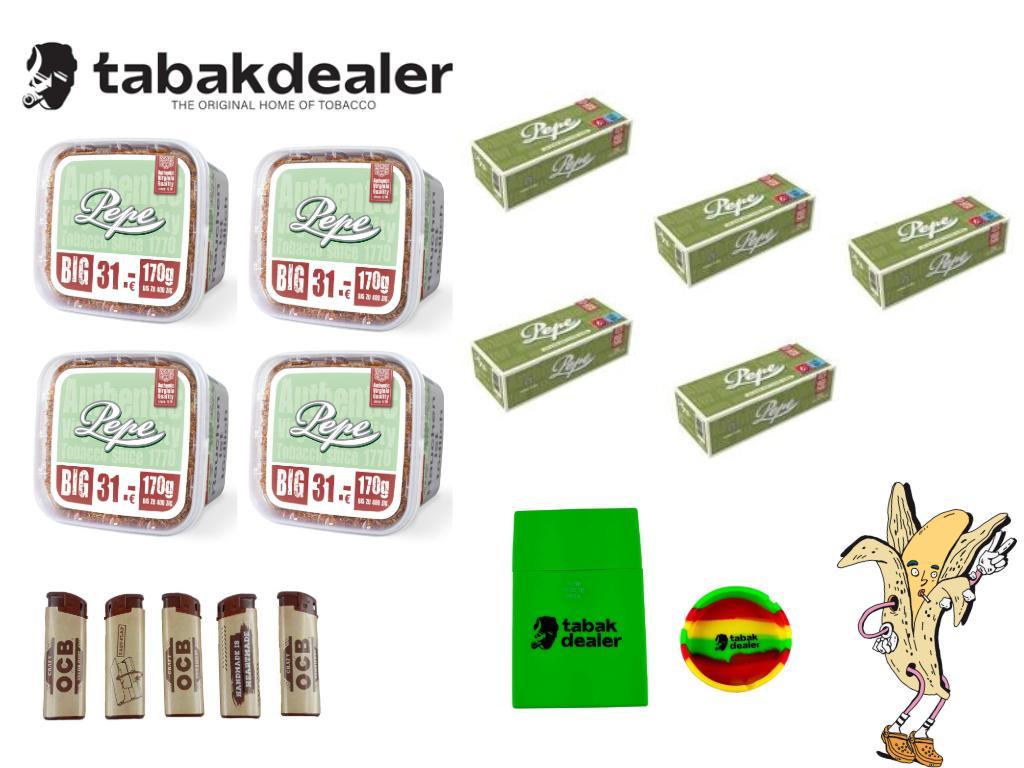 Pepe Bright Green XXXL Tabak + 1000 Hülsen + 5 OCB Feuerzeuge + Tabakdealer Aschenbecher & Etui 