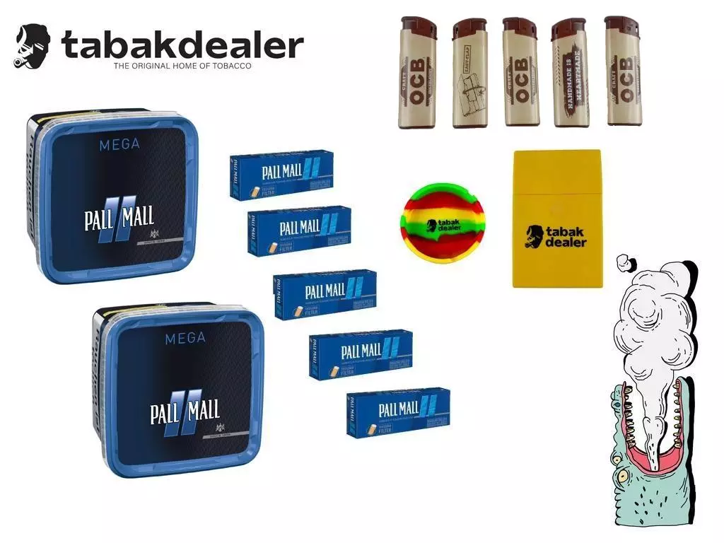 2 Pall Mall Blue Mega + 1000 Pall Mall Blue Xtra Hülsen / 5 OCB Feuerzeuge Tabakdealer Aschenbecher Etui 