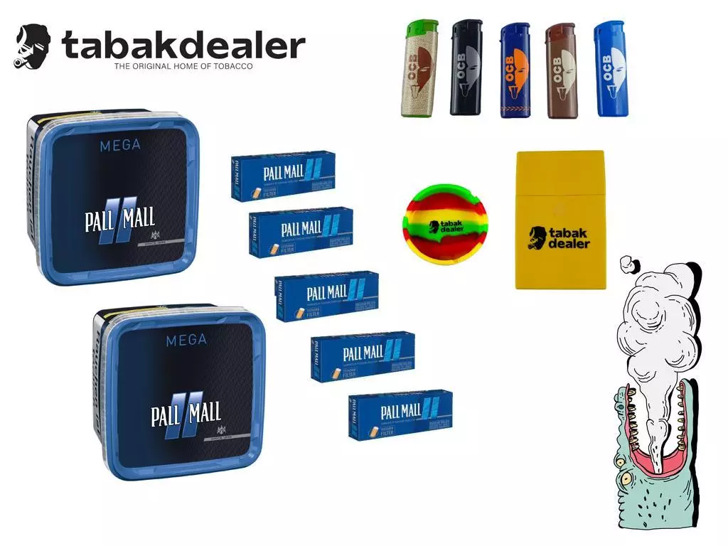 2 Pall Mall Blue Mega + 1000 Pall Mall Blue Xtra Hülsen / 5 OCB Feuerzeuge Tabakdealer Aschenbecher Etui 