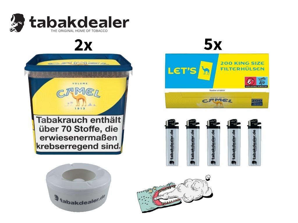 2x Camel Volume 6XL Box 300g + 1000 Hülsen + 5x Tabakdealer Feuerzeuge + 1x Tabakdealer Windascher 