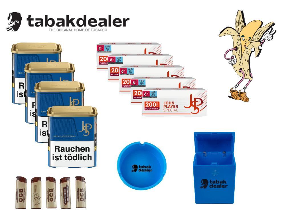 John Player Blue XL Tabak + 1000 Hülsen + 5 OCB Feuerzeuge + Tabakdealer Aschenbecher und Etui 