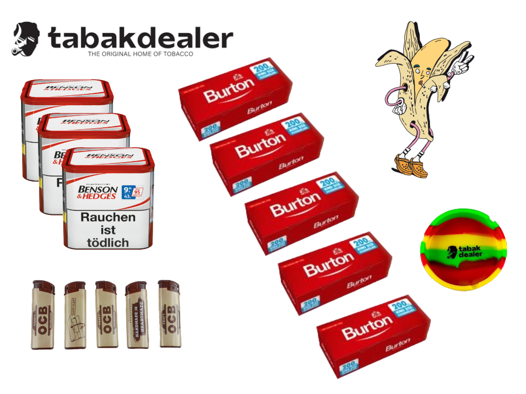 3x Benson & Hedges Tabak + 1000 Hülsen + 5 OCB Feuerzeuge und Tabakdealer Aschenbecher 