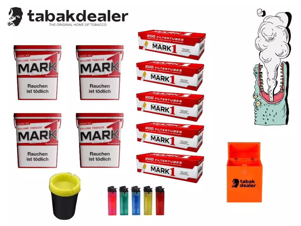 4 x Mark 1 Red Vol. Tabak 400g Eimer+ 1000 Hülsen + 5 Feuerzeuge + 1 Tabakdealer Etui + 1 Autoaschenbecher 