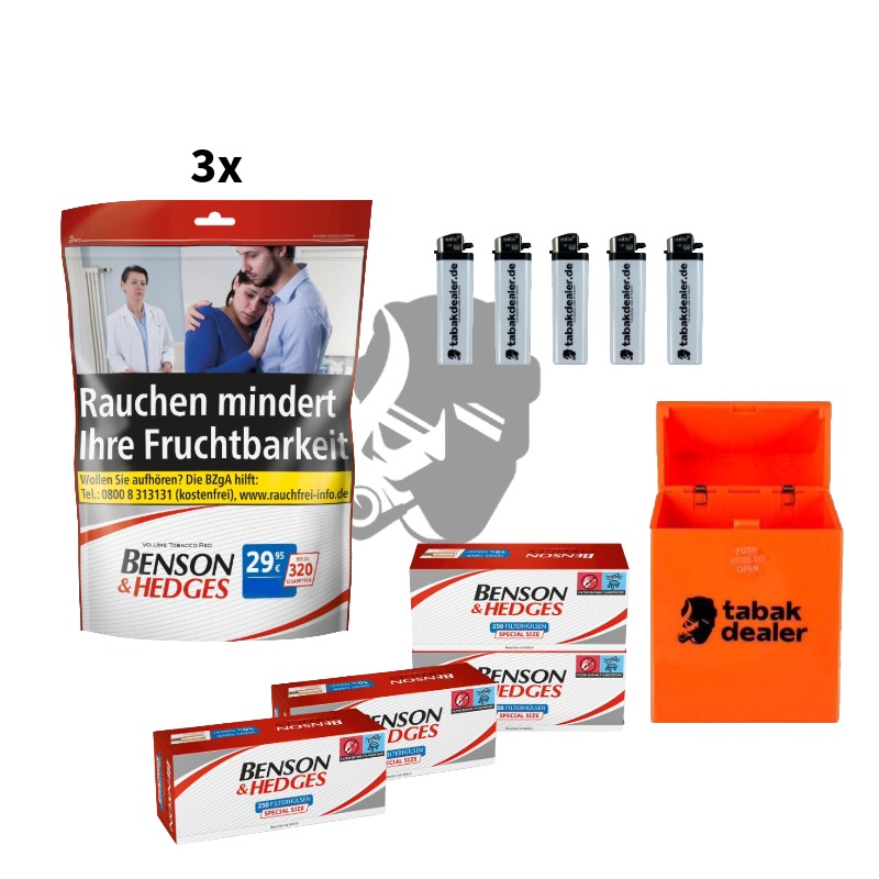 3x Benson & Hedges Tabak 135g + 1000 Hülsen + 5 OCB Feuerzeuge und Tabakdealer Etui