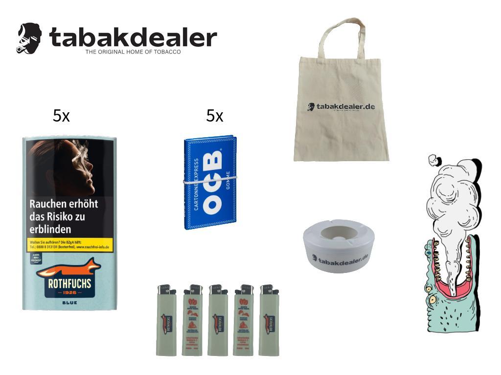 5 x 30g Rothfuchs Blue Tabak + 5 x OCB Papier + 5 Rothfuchs Feuerzeuge + 1 x Tabakdealer Windaschenbecher + 1 x Tabakdealer Tasche 