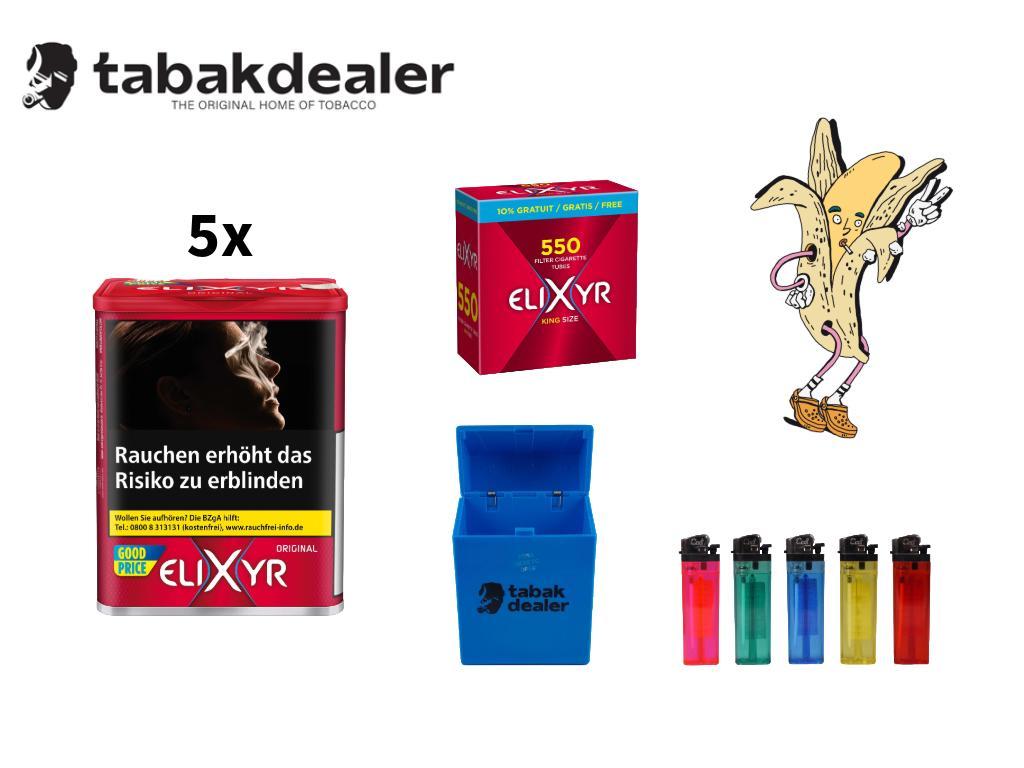 5 x Elixyr Red Tobacco + 550 Hülsen + 1 Tabakdealer Etui + 5 Cool Feuerzeug 