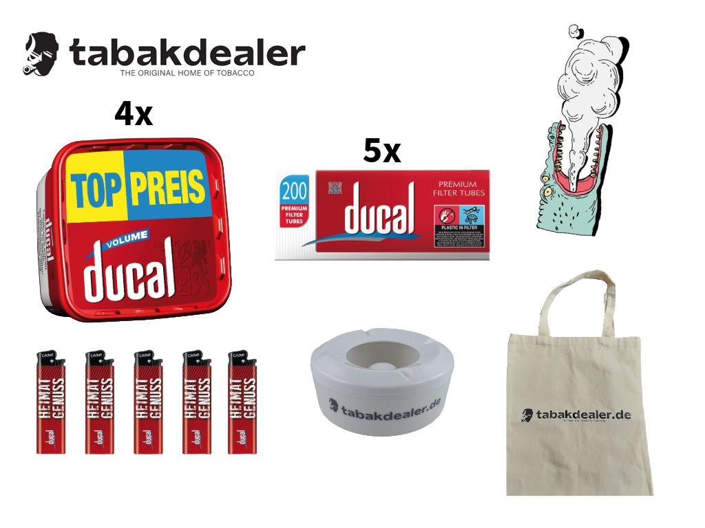 4x Ducal Red 170g + 1000 Hülsen + 5 Ducal Feuerzeuge + 1 Tabakdealer Tasche + 1 Tabakdealer Windascher 