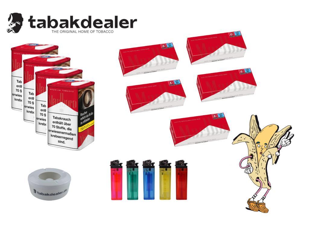 4 x Marlboro Premium Red Tabak + 1000 Hülsen + 5 Reibrad Feuerzeuge + 1 Tabakdealer Windascher 