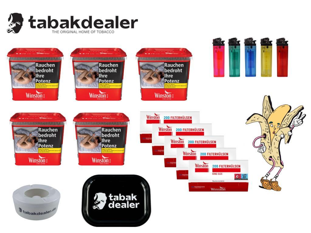 5 x Winston Giant Winston Red + 1000 Winston Hülsen + 5 Reibrad Feuerzeuge + 1 Tabakdealer Tray + 1 Tabakdealer Windascher 