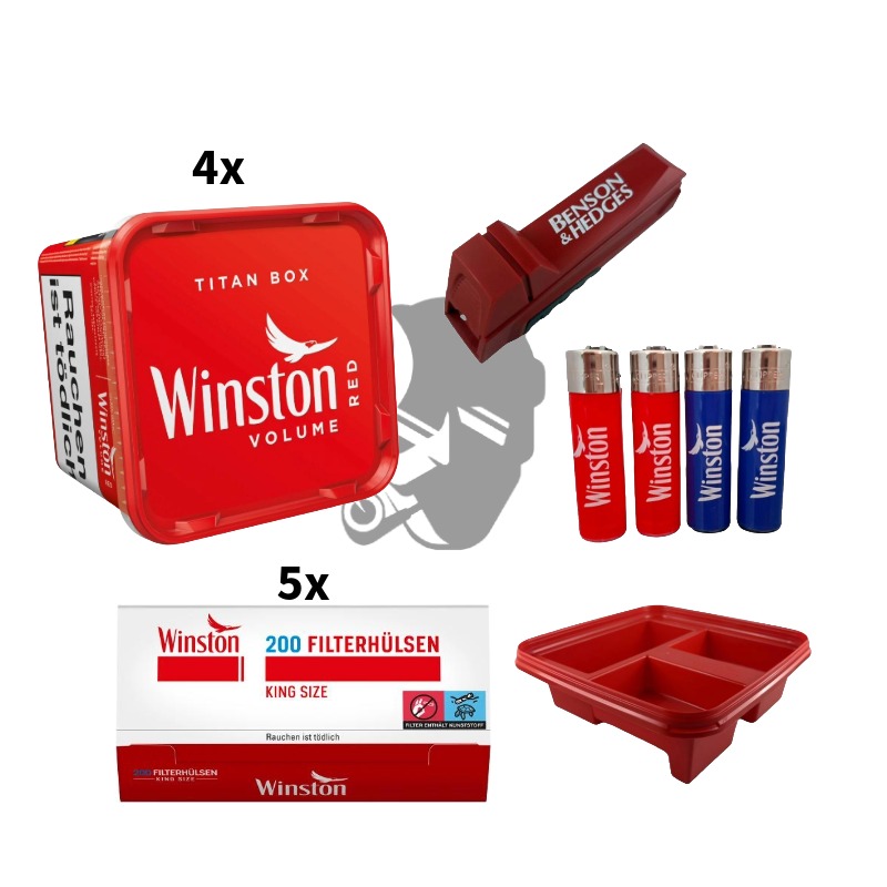 4x Winston Red Titan Box 300g + 1000 Winston Hülsen +1 Benson & Hedges Duo Maker + 4 BIC Mini Feuerzeuge + 1 Winston Aufbewahrungsdeckel 4x Winston Red Titan Box 300g + 1000 Winston Hülsen +1 Benson & Hedges Duo Maker + 4 BIC Mini Feuerzeuge + 1 Winston Aufbewahrungsdeckel