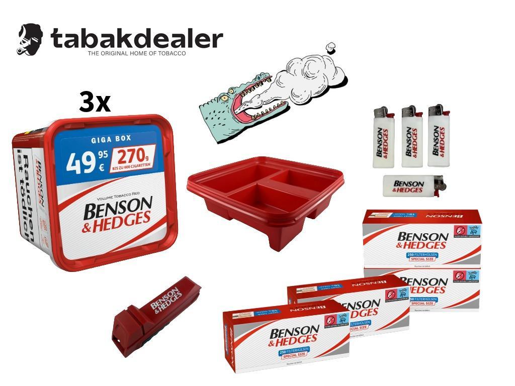 3x Benson & Hedges Tabak 270g + 1000 Hülsen + 1 Benson & Hedges Duo Maker + 4 BIC Mini Feuerzeuge + 1 Winston Aufbewahrungsdeckel 