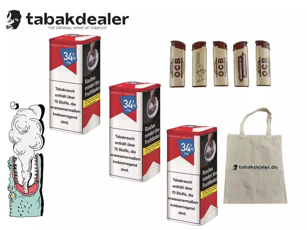 Marlboro Red XL Tabak + 5 OCB Feuerzeuge & Tabkdaeler Tasche 