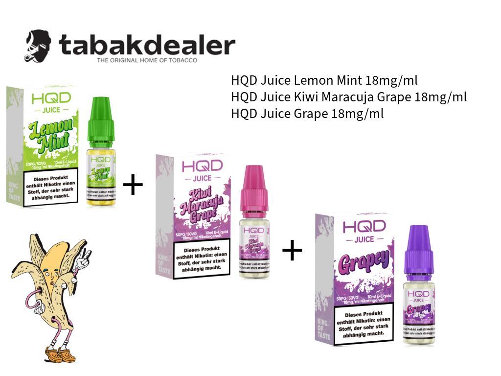 HQD Juice Lemon Mint, Kiwi Maracuja Grape, Grape 18mg/ml 3er