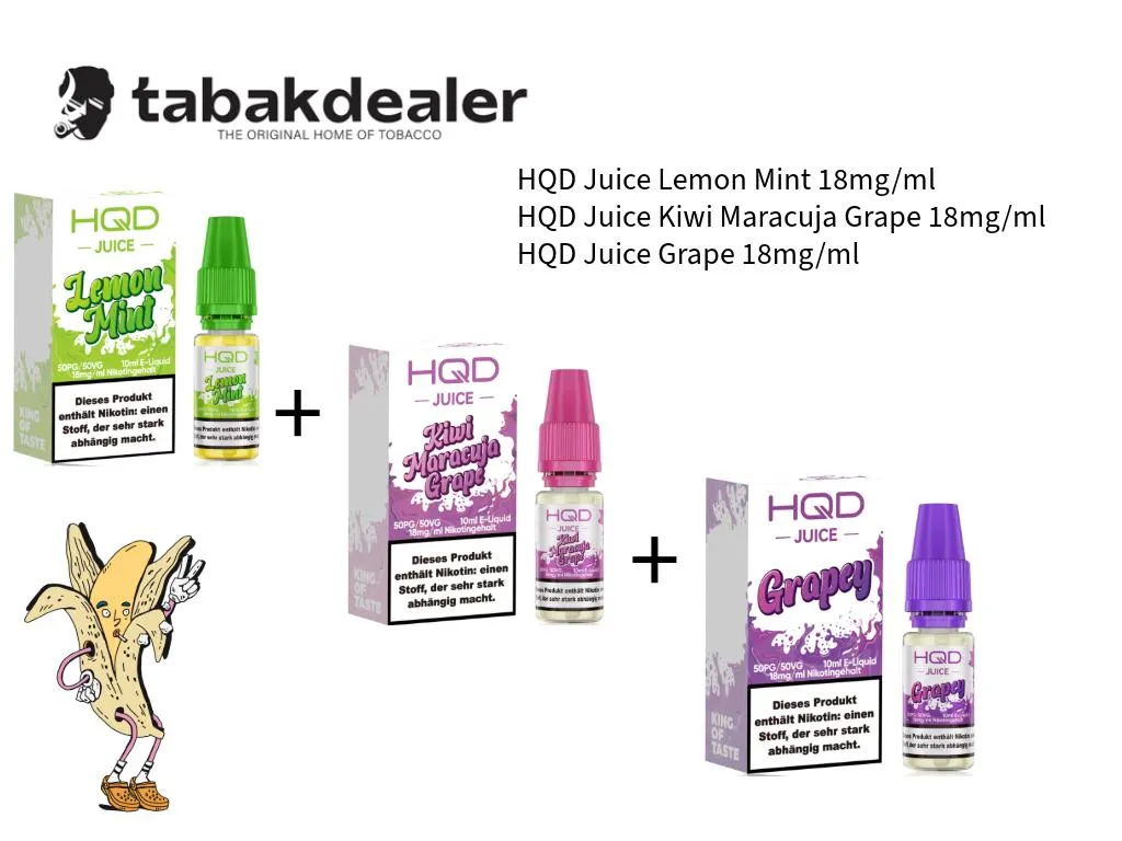 HQD Juice Lemon Mint, Kiwi Maracuja Grape, Grape 18mg/ml 3er