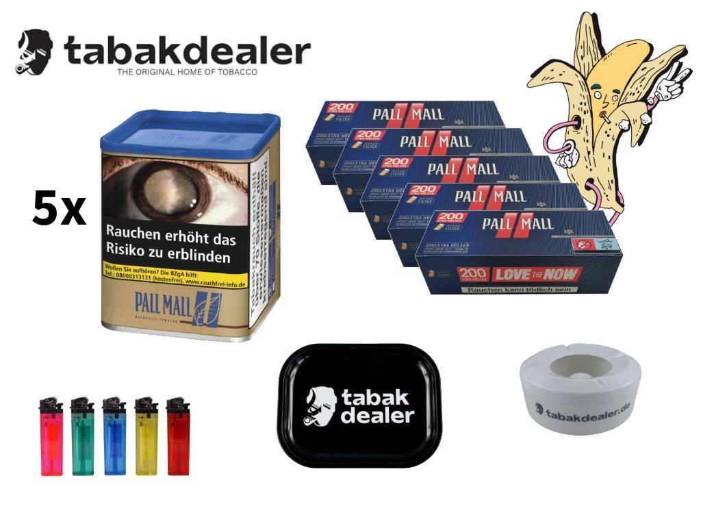 5x Pall Mall Authentic Blue Tabak + 1000 Hülsen + 5 Cool Reibradfeuerzeuge + 1 Tabakdealer Tray schwarz + 1 Tabakdealer Windascher