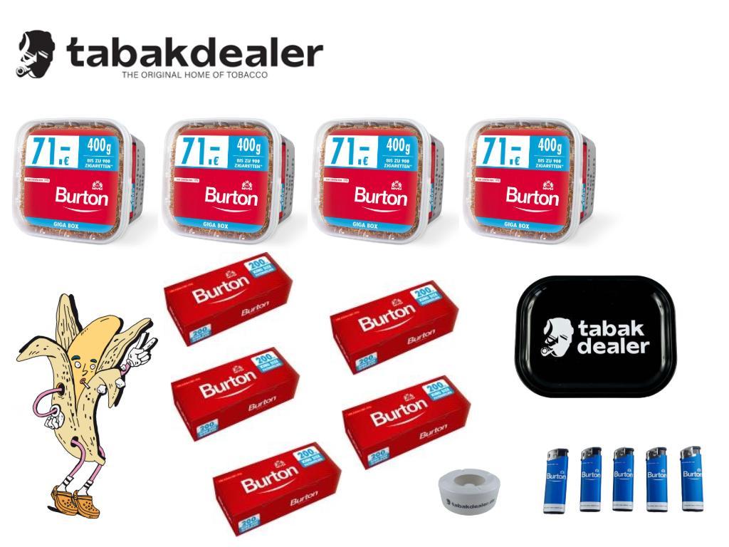 4 x Burton Volumen Tabak Red 4XL + 1000 Burton Red Hülsen + 5 Burton Feuerzeuge blau + 1 Tabakdealer Tray + 1 Tabakdealer Windascher 