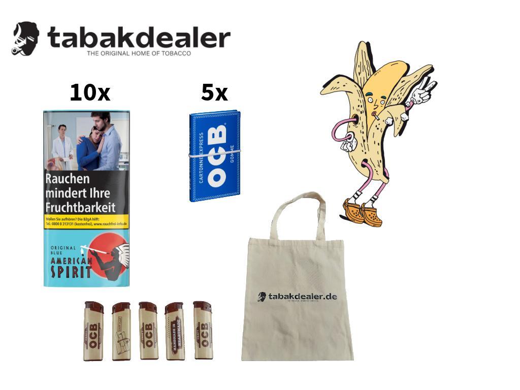 10 x 30g American Spirit Original Blue + 5 x 100 Blatt OCB Papier Blau Gummizug + 5 x OCB Elektro Feuerzeuge + 1 x Tabakdealer Tasche 