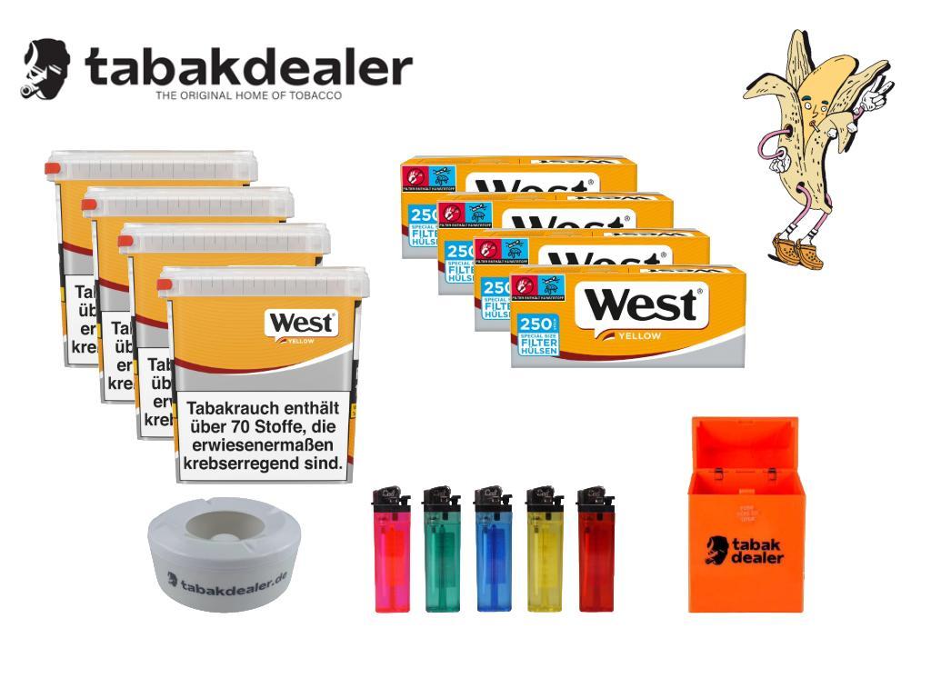 4x West Yellow Volumen Tobacco + 1000 Hülsen + 5 Cool Reibradfeuerzeuge + 1 Tabakdealer Windascher + 1 Tabakdealer Etui 