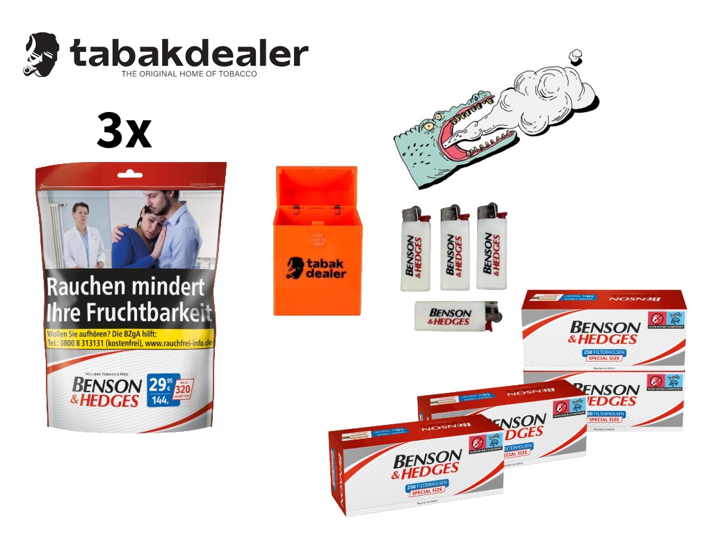 3x Benson & Hedges Tabak 144g + 1000 Hülsen + 5 OCB Feuerzeuge und Tabakdealer Etui